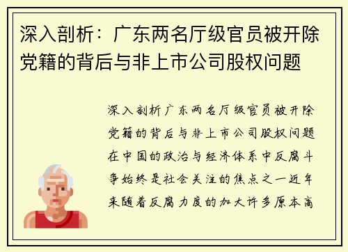 深入剖析：广东两名厅级官员被开除党籍的背后与非上市公司股权问题